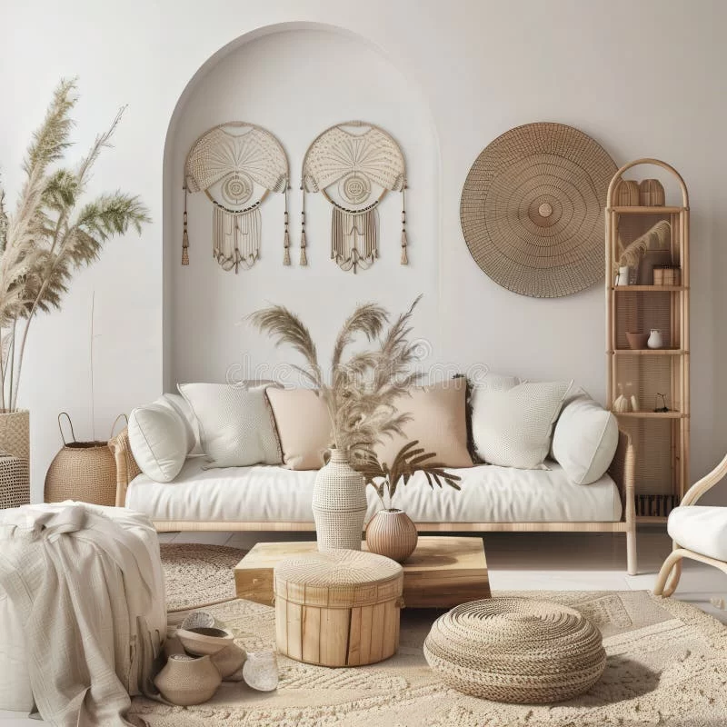 Cozy Boho Living Room with Natural Textures and Warm Colors Stock